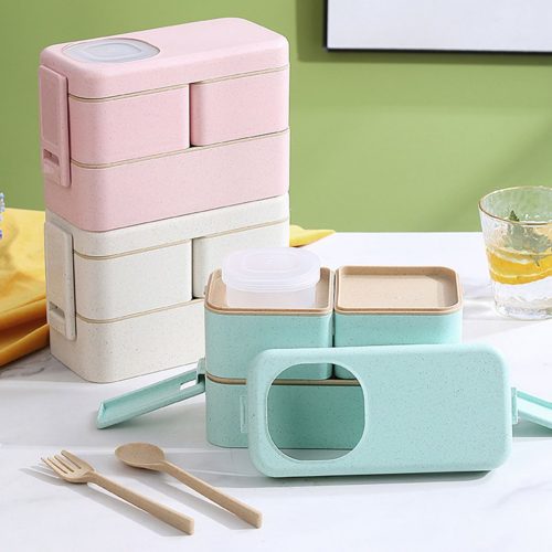 لانچ باکس دوطبقه سه بخشی با قاشق چنگال و ظرف سس گنجایش 1050 میل